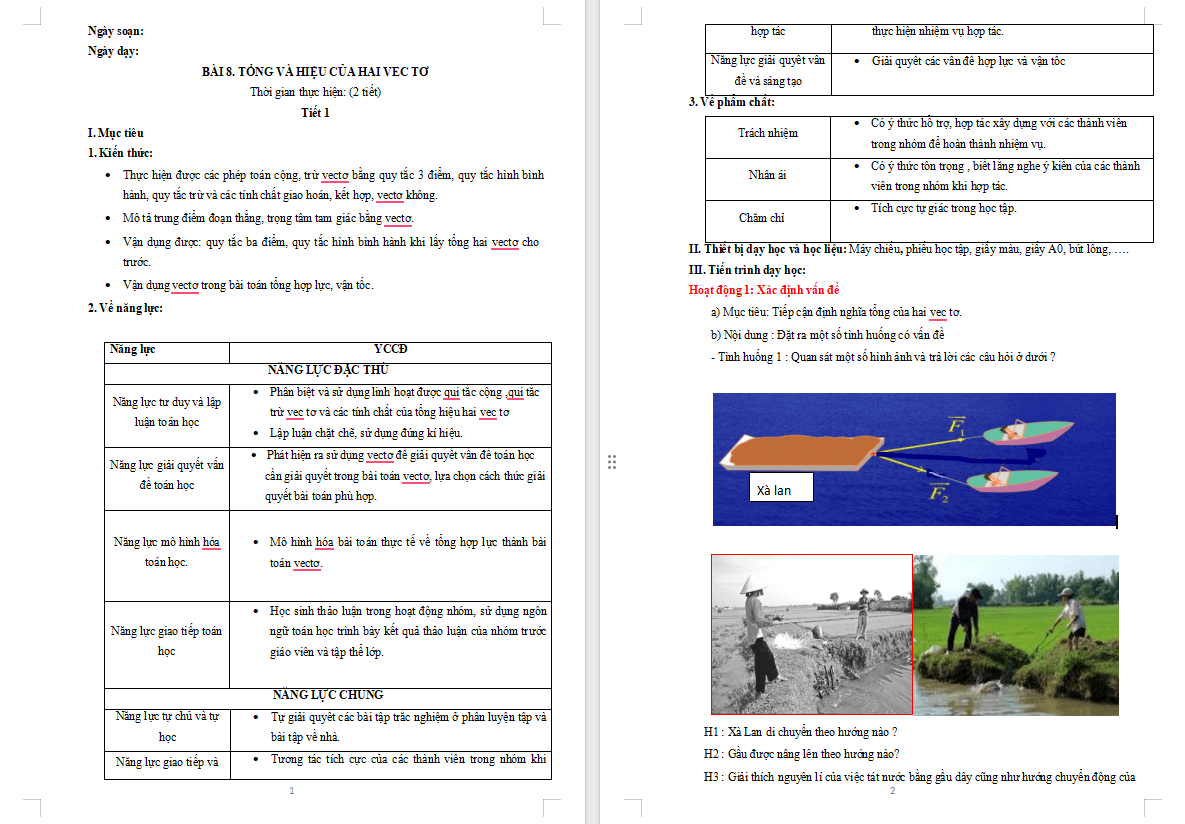 Giáo án Toán 10 Bài 8: Tổng và hiệu của hai vectơ
