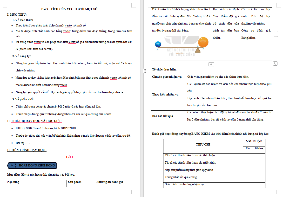 Giáo án Toán 10 Bài 9: Tích của một vectơ với một số
