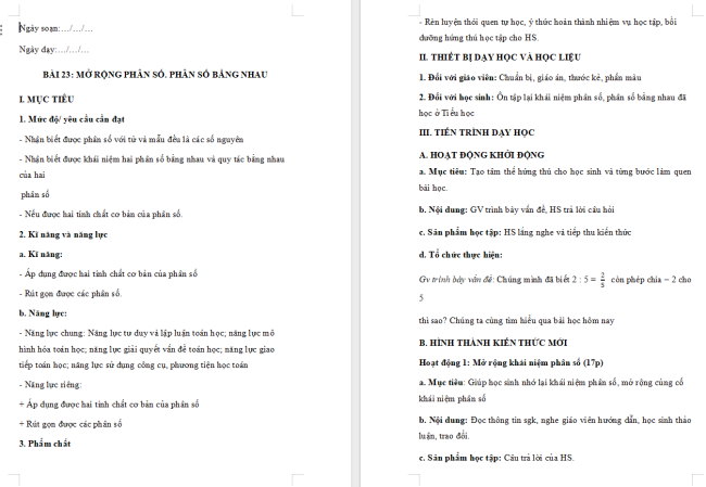 Giáo án Toán 6 Bài 23: Mở rộng phân số. Phân số bằng nhau