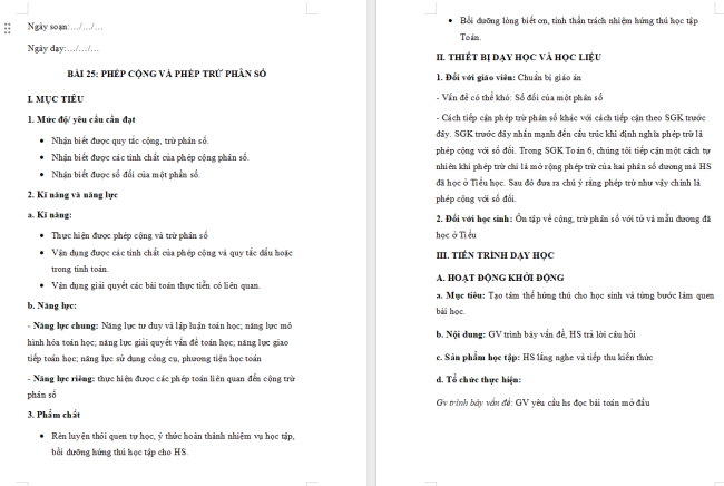 Giáo án Toán 6 Bài 25: Phép cộng và phép trừ phân số