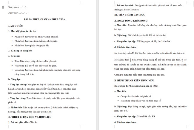 Giáo án Toán 6 Bài 26: Phép nhân và phép chia phân số