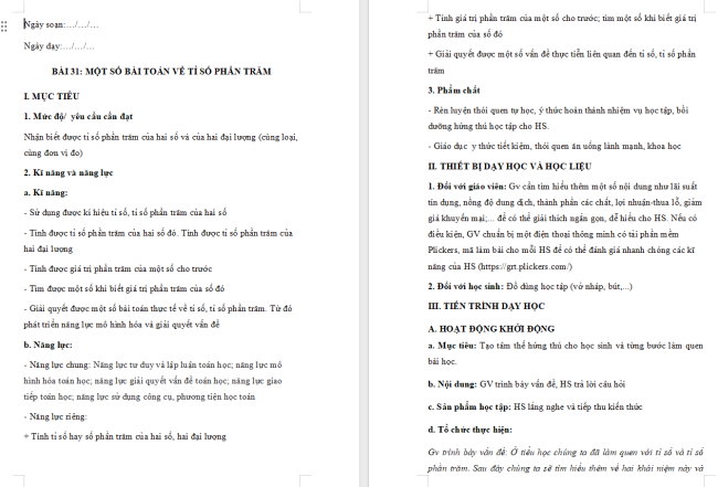 Giáo án Toán 6 Bài 31: Một số bài toán về tỉ số và tỉ số phần trăm