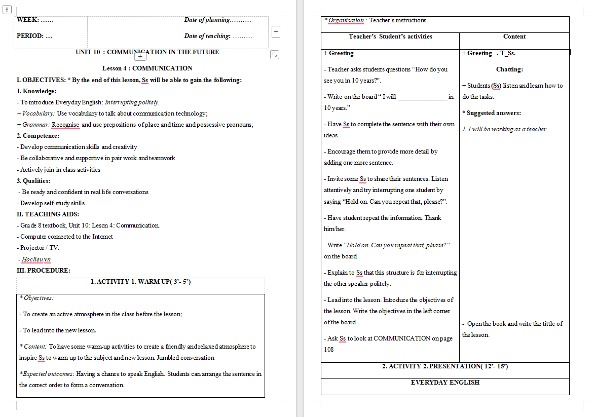 Giáo án Tiếng Anh 8 Unit 10: Communication