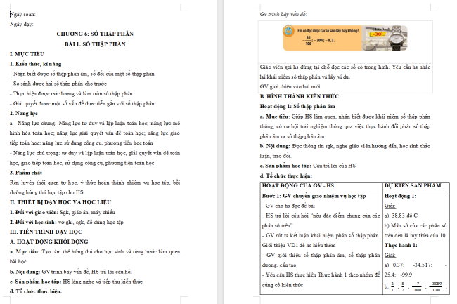 Giáo án Toán 6 Bài 1: Số thập phân