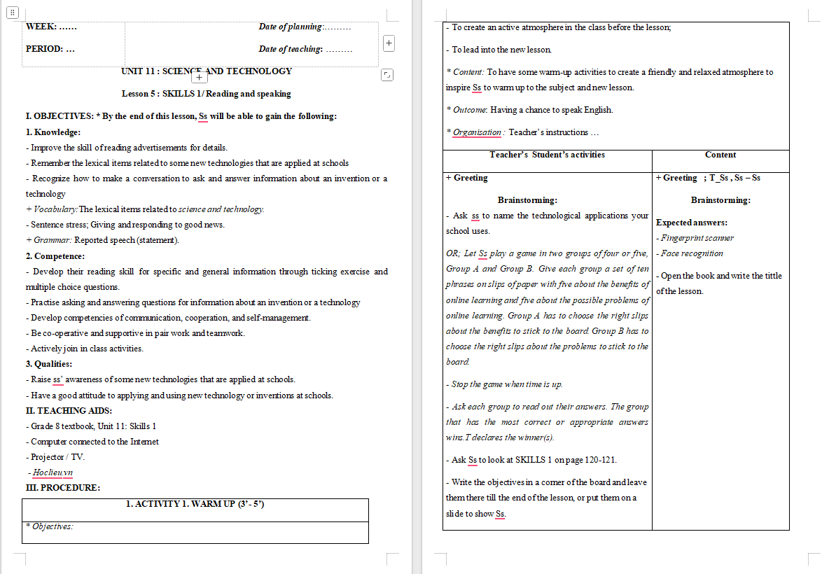 Giáo án PowerPoint Tiếng Anh 8 Unit 11: Skills 1