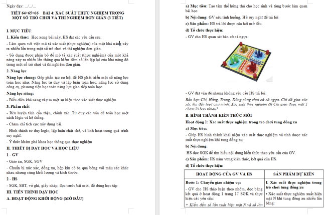 Giáo án Toán 6 Bài 4: Xác suất thực nghiệm trong một trò chơi và thí nghiệm đơn giản