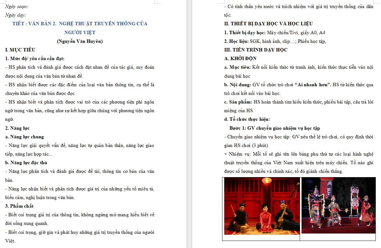 Giáo án Bài Nghệ thuật truyền thống của người Việt Ngữ văn 10 KNTT
