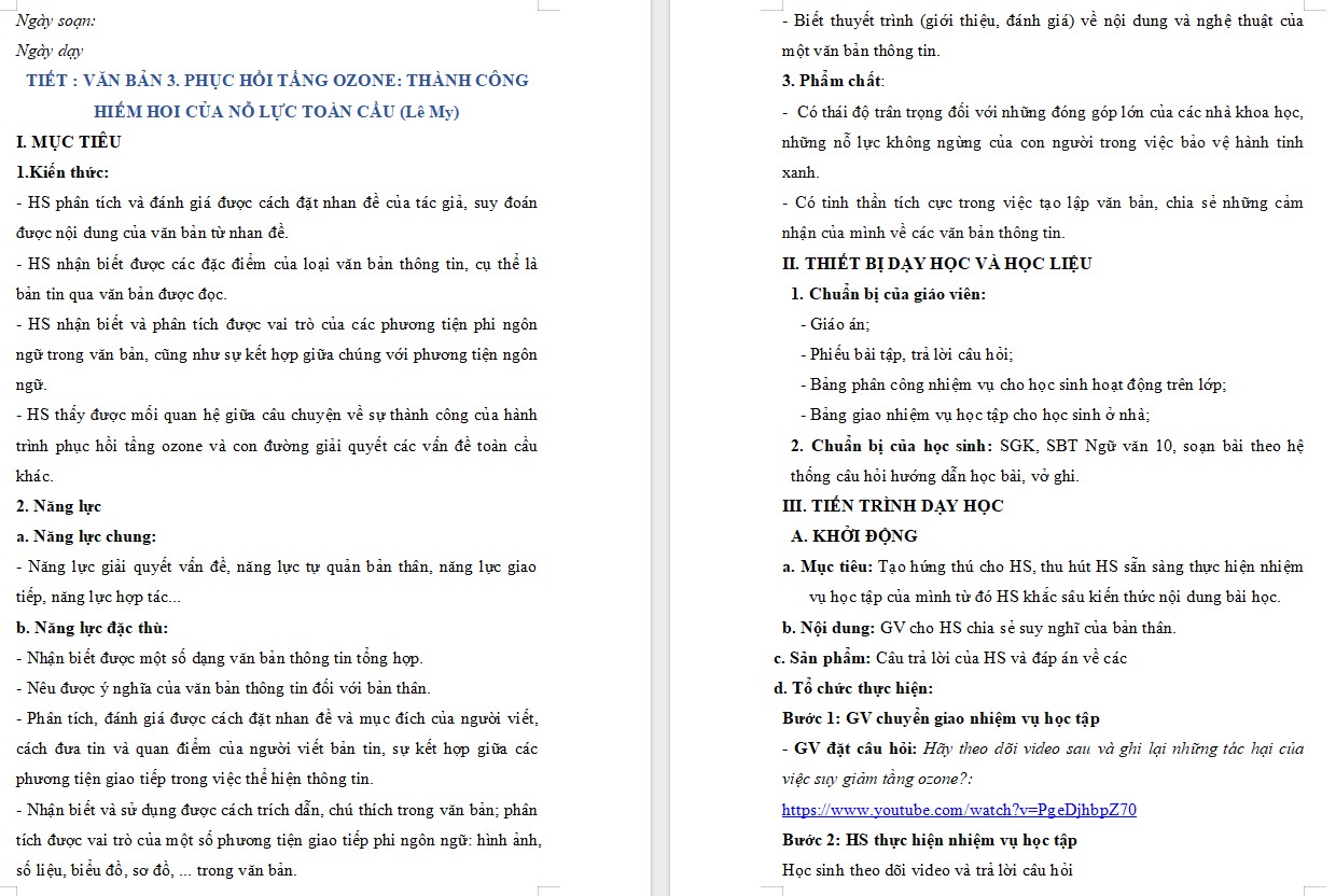 Giáo án Bài Phục hồi tầng ozone: Thành công hiếm hoi của nỗ lực toàn cầu Ngữ văn 10 KNTT