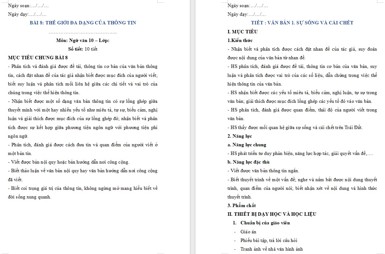 Giáo án Bài Sự sống và cái chết Ngữ văn 10 KNTT