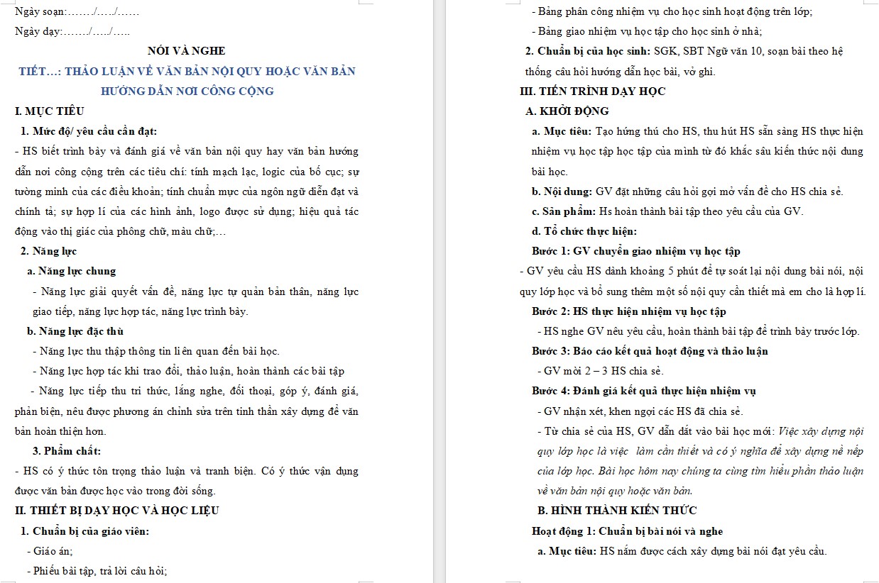 Giáo án Bài Thảo luận về văn bản nội quy hoặc văn bản hướng dẫn nơi công cộng Ngữ văn 10 Kết nối tri thức