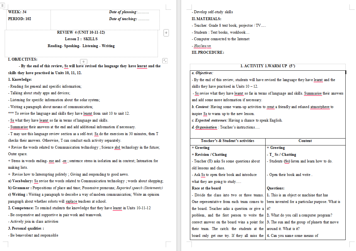 Tiếng Anh 8 Review 4: Skills