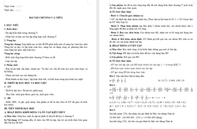 Giáo án Toán 6 Bài tập cuối chương 5