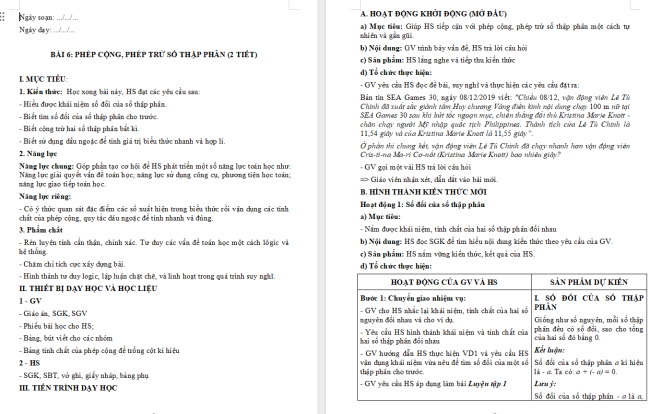 Giáo án Toán 6 Bài 6: Phép cộng, phép trừ số thập phân