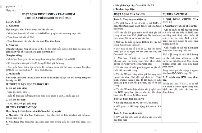 Giáo án Toán 6 Chủ đề 2: Chỉ số khối cơ thể (BMI)