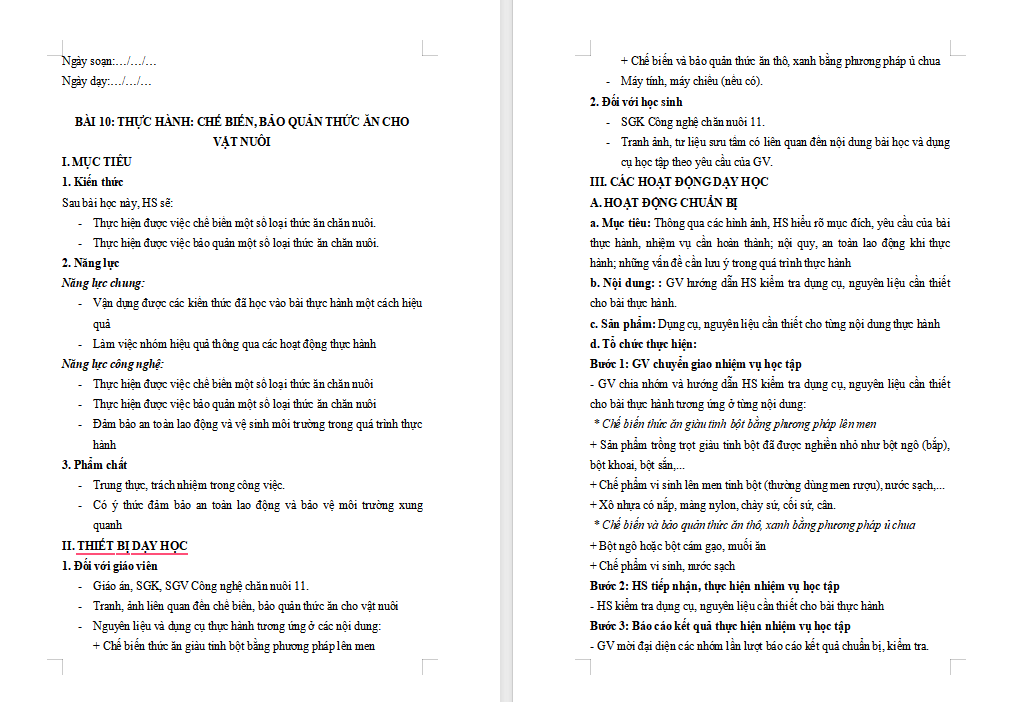 Thực hành Chế biến bảo quản thức ăn cho vật nuôi