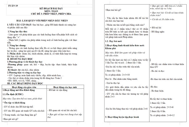 Giáo án Toán 2 Làm quen với phép nhân - dấu nhân