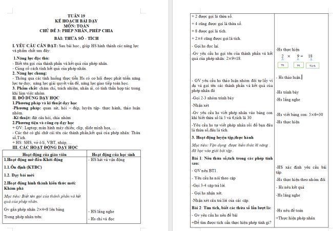 Giáo án Toán 2 Thừa số - Tích