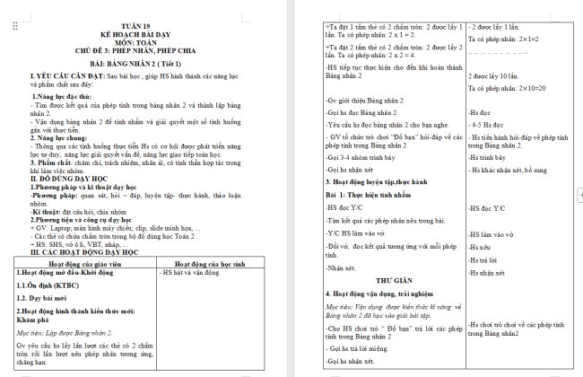 Giáo án Toán 2 Bảng nhân 2