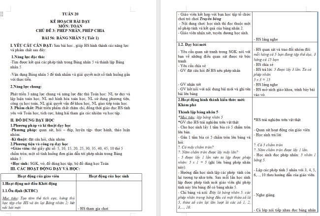 Giáo án Toán 2 Bảng nhân 5