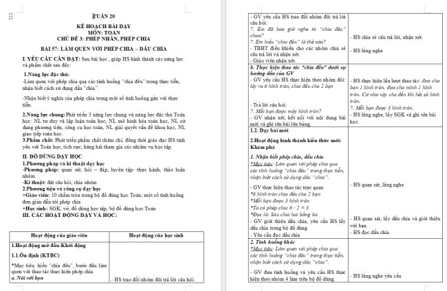 Giáo án Toán 2 Làm quen với phép chia – dấu chia