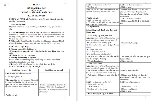 Giáo án Toán 2 Phép chia