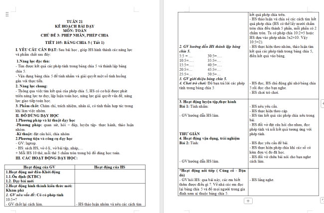 Giáo án Toán 2 Bảng chia 5