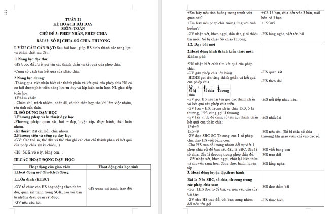 Giáo án Toán 2 Số bị chia - Số chia - Thương