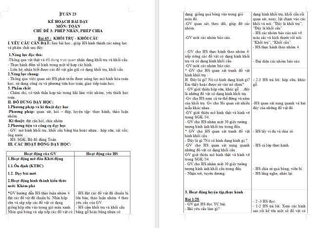 Giáo án Toán 2 Khối trụ - Khối cầu