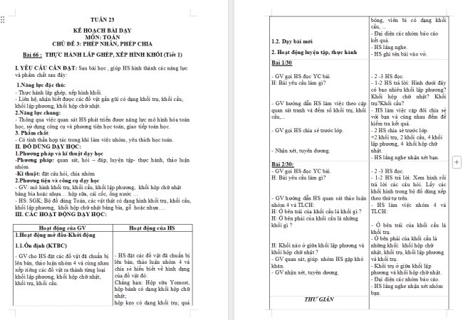 Giáo án Toán 2 Thực hành lắp ghép, xếp hình khối