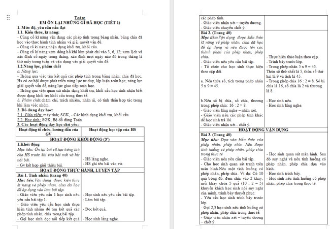 Giáo án Toán 2 Em ôn lại những gì đã học trang 40