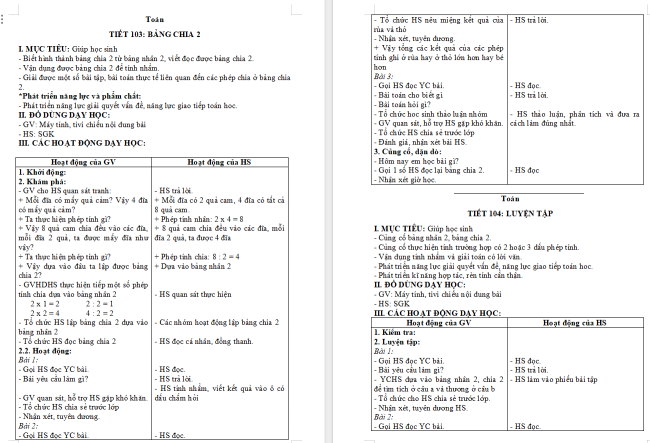 Giáo án Toán 2 Bài 43: Bảng chia 2