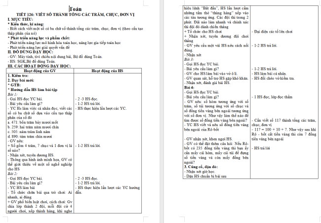 Giáo án Toán 2 Bài 52: Viết số thành tổng các trăm, chục, đơn vị