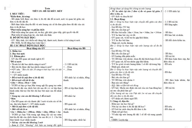 Giáo án Toán 2 Bài 55: Đề-xi-mét. Mét. Ki-lô-mét