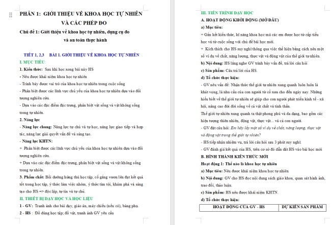 Giáo án Khoa học tự nhiên 6 Bài 1: Giới thiệu về khoa học tự nhiên
