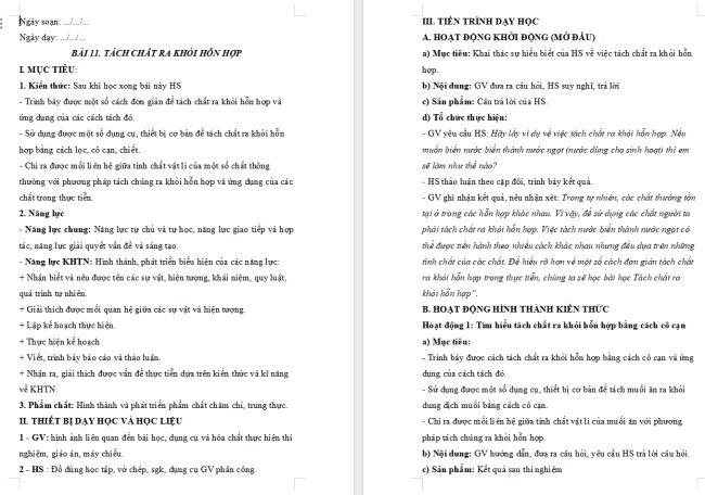 Giáo án Khoa học tự nhiên 6 Bài 11: Tách chất ra khỏi hỗn hợp