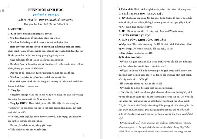 Giáo án Khoa học tự nhiên 6 Bài 12: Tế bào – đơn vị cơ sở của sự sống