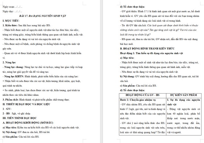  Giáo án Khoa học tự nhiên 6 Bài 17: Đa dạng nguyên sinh vật