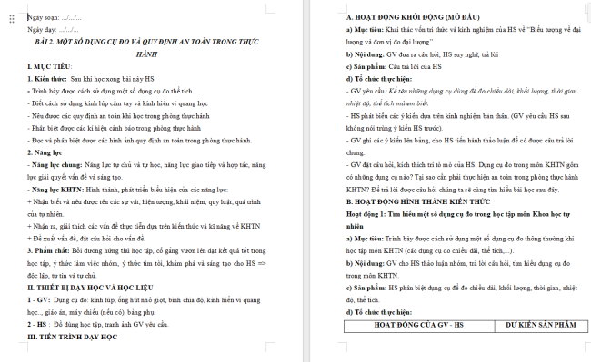 Giáo án Khoa học tự nhiên 6 Bài 2: Một số dụng cụ đo và quy định an toàn trong phòng thực hành