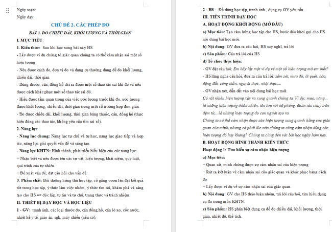 Giáo án Khoa học tự nhiên 6 Bài 3: Đo chiều dài, khối lượng và thời gian