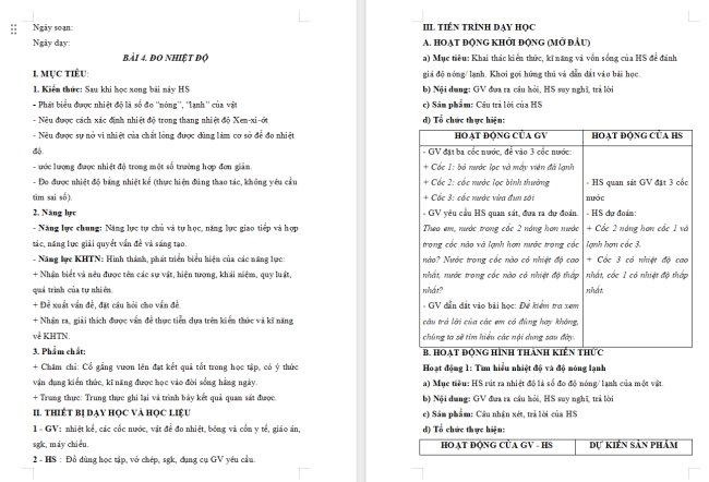 Giáo án Khoa học tự nhiên 6 Bài 4: Đo nhiệt độ