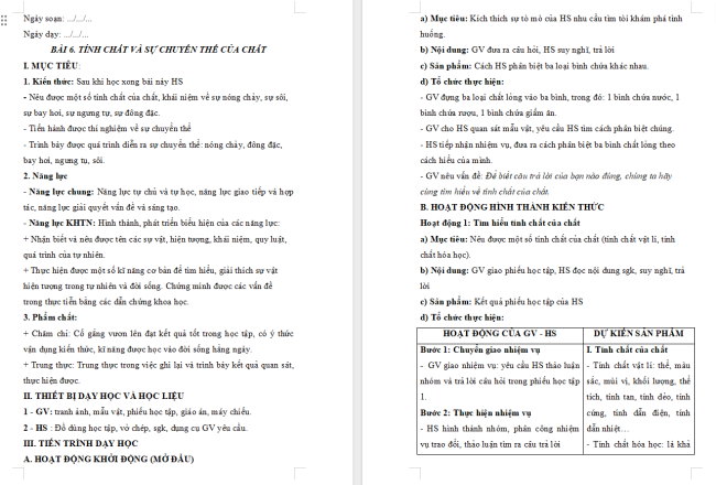 Giáo án Khoa học tự nhiên 6 Bài 6: Tính chất và sự chuyển thể của chất
