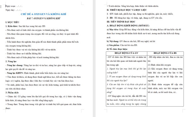 Giáo án Khoa học tự nhiên 6 Bài 7: Oxygen và không khí