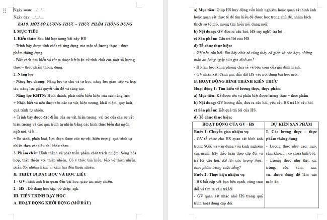 Giáo án Khoa học tự nhiên 6 Bài 9: Một số lương thực - thực phẩm thông dụng