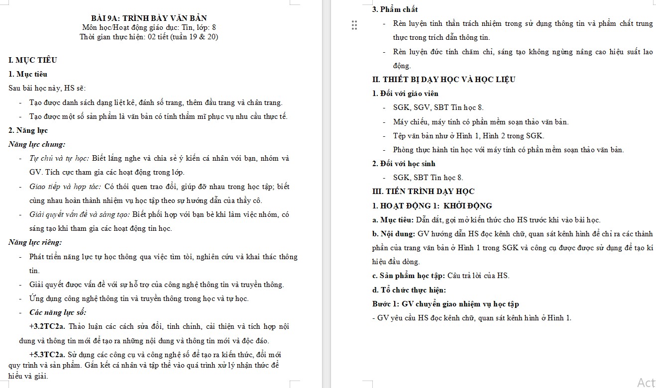 Giáo án bài 9A Tin học 8 Chân trời sáng tạo