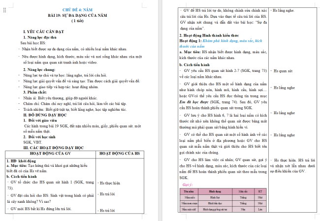 Giáo án Khoa học 4 Bài 19: Sự đa dạng của nấm