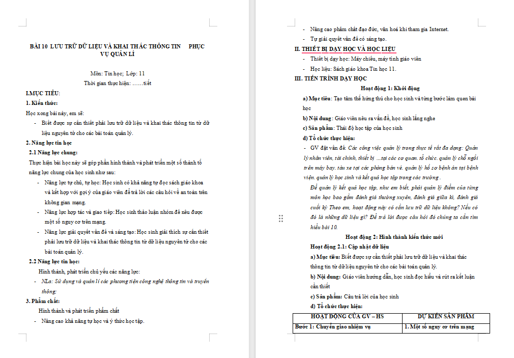 Tin học 11 Bài 10: Lưu trữ dữ liệu và khai thác thông tin phục vụ quản lí