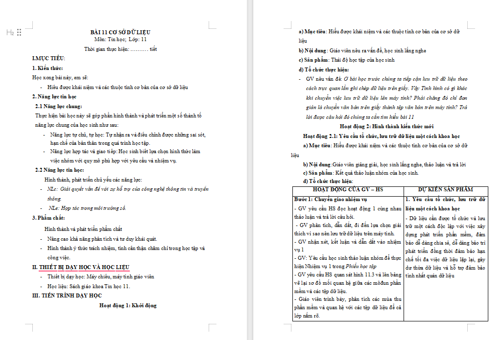Tin học 11 Bài 11: Cơ sở dữ liệu