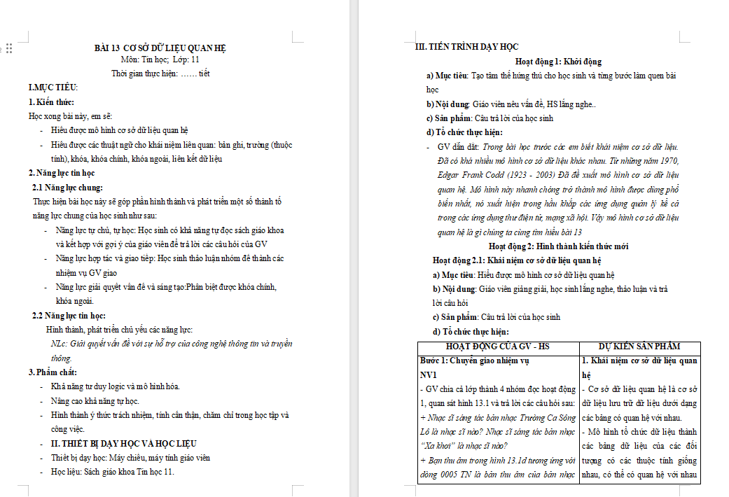 Tin học 11 Bài 13: Cơ sở dữ liệu quan hệ