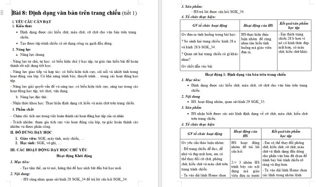 Giáo án Tin học 4 Bài 8: Định dạng văn bản trên trang chiếu