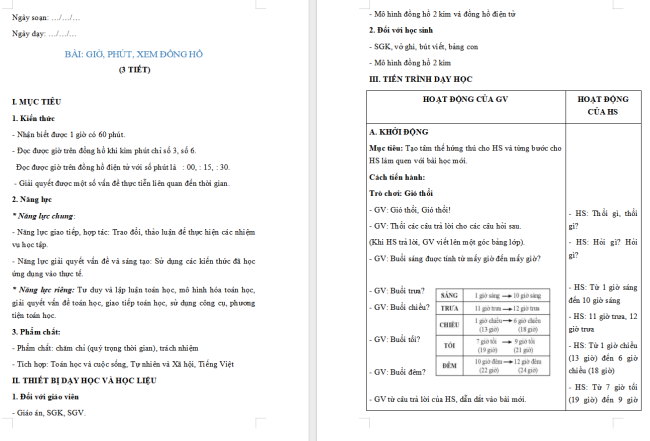 Giáo án Toán 2: Giờ, phút, xem đồng hồ